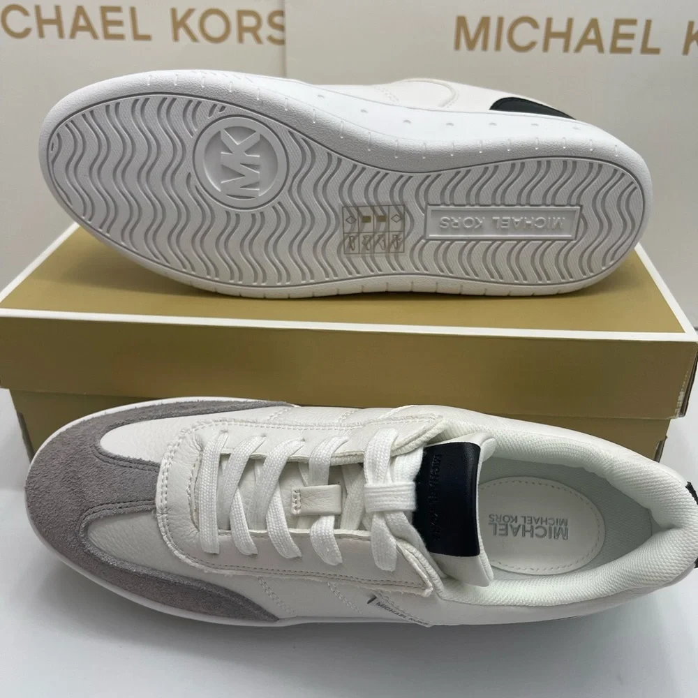 MICHAEL KORS Kai Mixed-Media Sneaker Kai White  Cream and Gray Casual Sneakers
